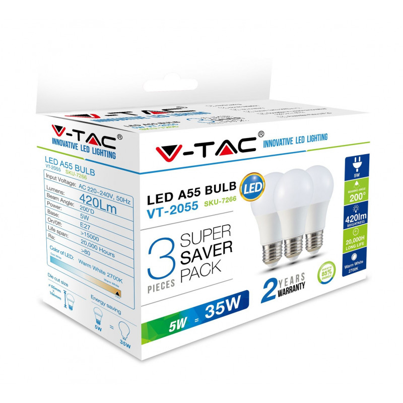 LED Bulb - 5W E27 A55 Thermoplastic White 3 pcs/packт - 7268