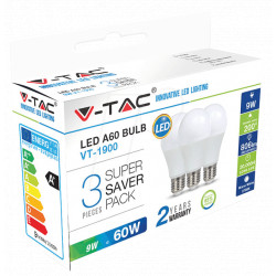LED Крушка - 9W E27 A60 Термо Пластик Топло Бяла Светлина 3бр./Сет - 7240
