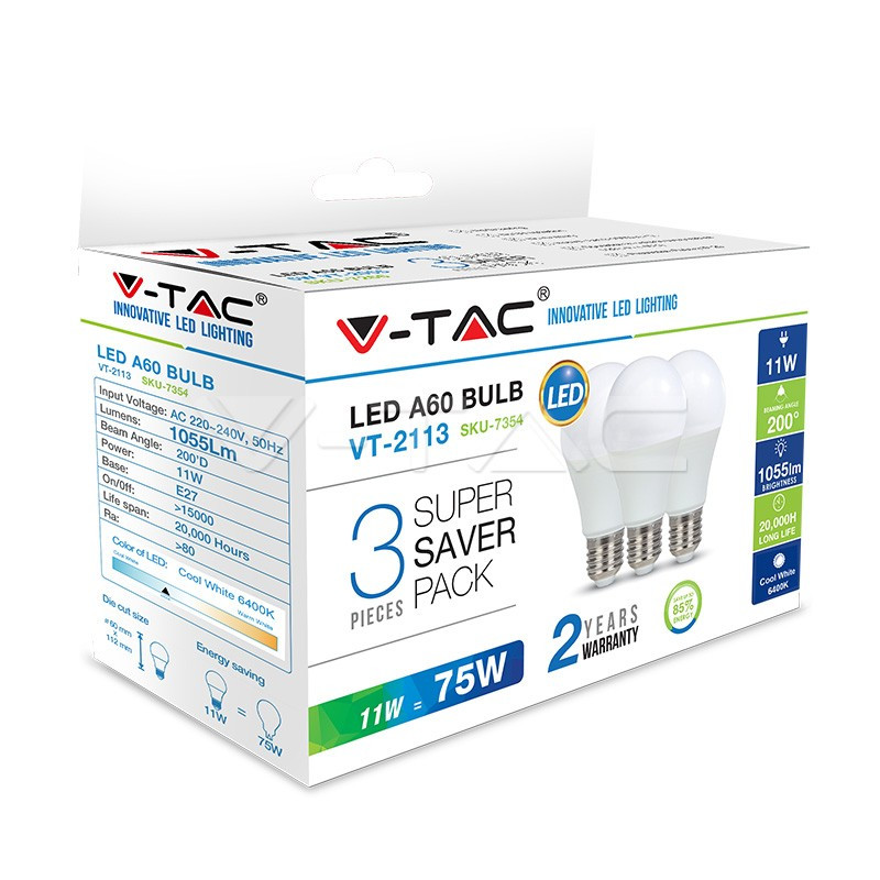 LED Bulb - 11W E27 A60 Thermoplastic Natural White 3 pcs/pack - 7353