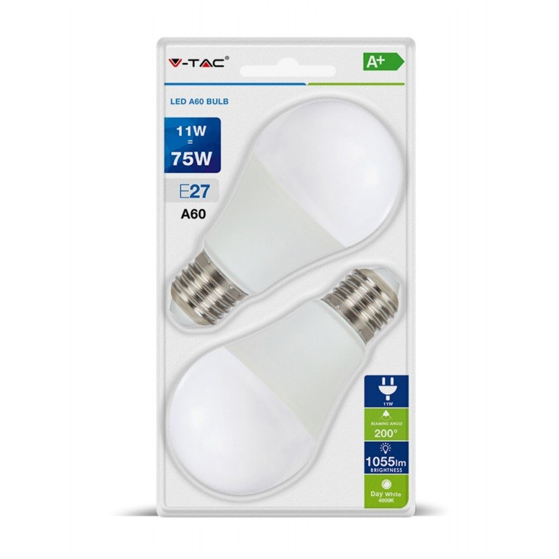 LED Крушка - 11W E27 A60 Термо Пластик Бяла Светлина 2бр. - 7299